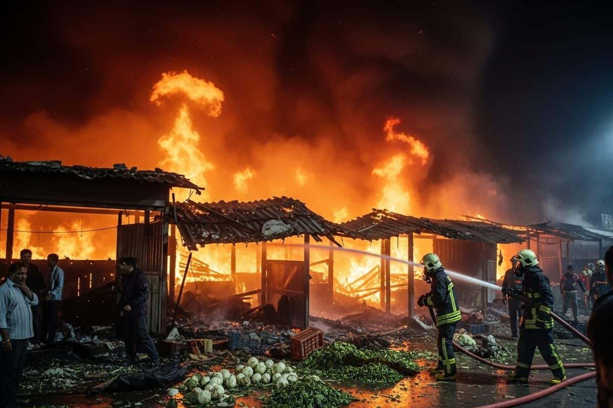 Massive Fire Breaks Out in Medininagar Vegetable Market, Property Worth Over ₹15 Lakh Destroyed